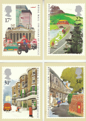 U.k. Post Office - Set Of 4 Royal Mail 350 Years Of Service Cards - 1985