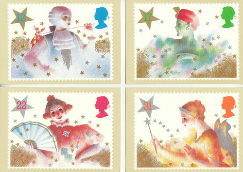 U.k. Post Office - Set Of 5 Christmas Pantomime Characters Cards - 1985