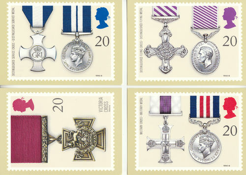 U.k. Post Office - Set Of 5 Militaria Gallantry Awards Cards - 1990