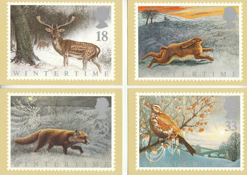 U.k. Post Office - Set Of 5 Wintertime Animals & Birds Cards - 1992